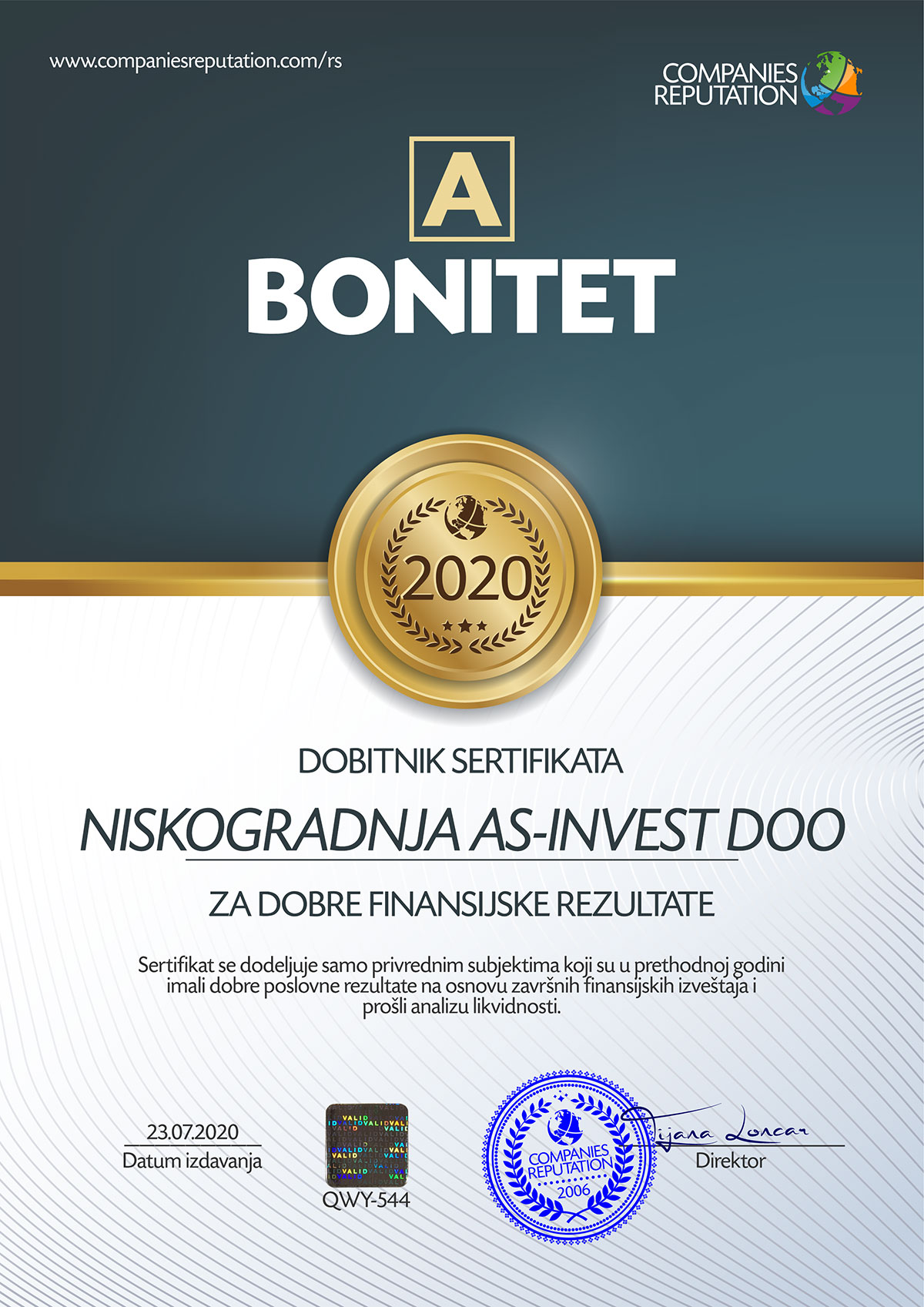 sertifikat A za bonitet as invest